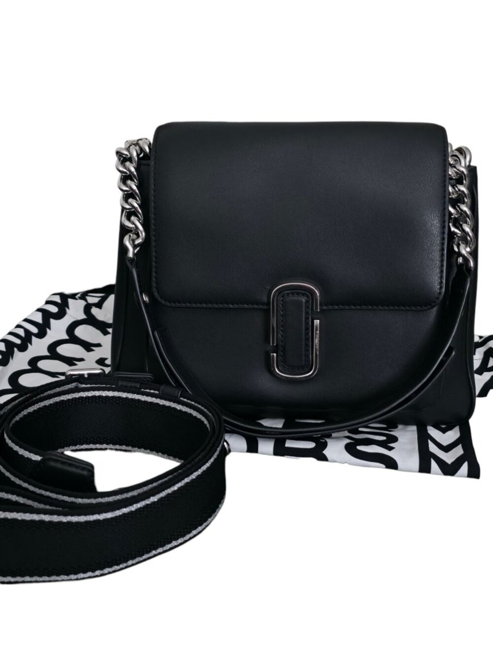 Marc Jacobs The J Marc Chain Satchel Black Silver Leather Shoulder Crossbody Bag